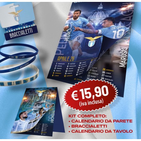 Calendario Ufficiale S.S. Lazio 2026 + 3 Braccialetti in silicone + Calendario da tavolo